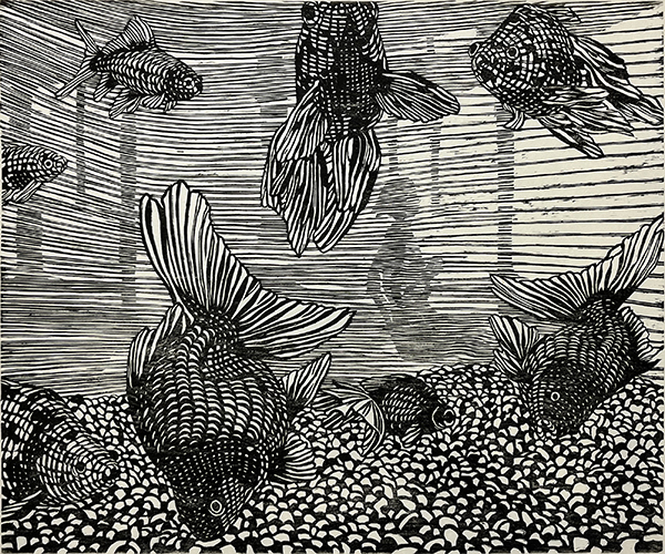 「金魚」和紙、墨、木版　410×490mm　2018