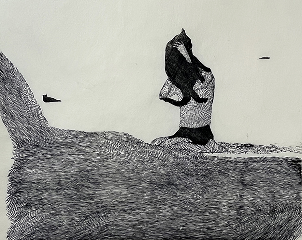 「黒猫」和紙、墨、木版　285×350mm　2013