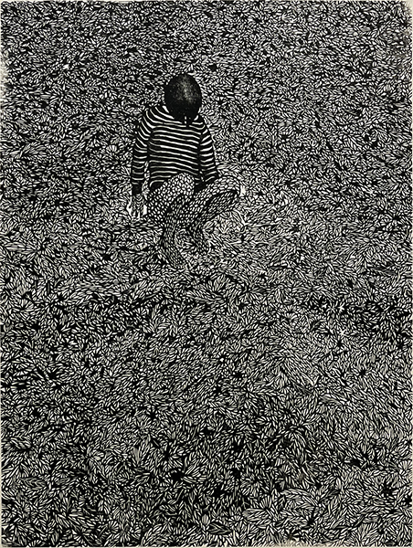 「落葉」和紙、墨、木版　620×450mm　2019