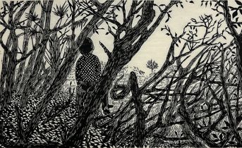 「林間」和紙、墨、木版　200×330mm　2022