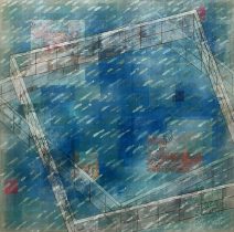 「古い空」典具帖紙、薄美濃紙、水干絵具、岩絵具、洋金箔、ラッカー　162×162cm　2023