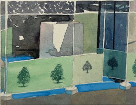 「東京」雲肌麻紙、典具帖紙、薄美濃紙、水彩、水干絵具、岩絵具、色鉛筆　14×18cm　2023