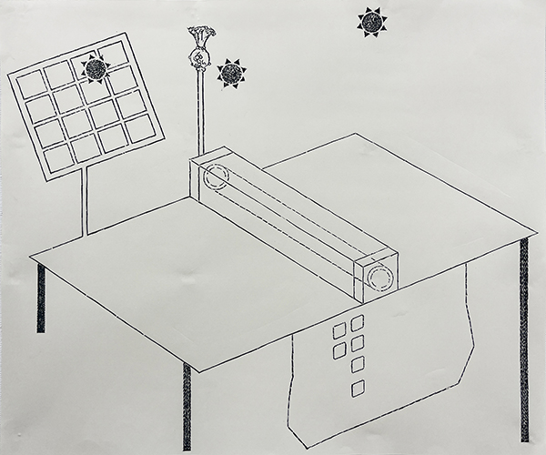 「太陽光発電の木版プレス機の刺繍図 」木版画　78×65cm　2024