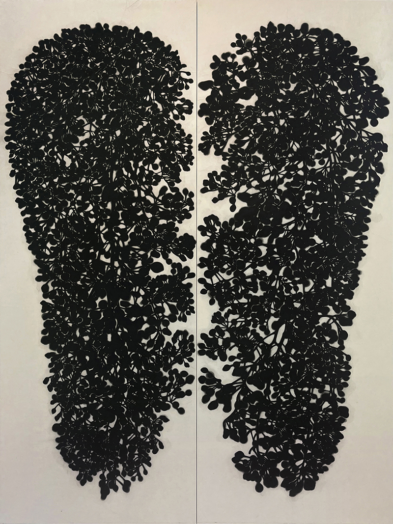 「宇宙(そら)ノ鏡－連」墨、雁皮紙、木製パネル　120×90cm　2023