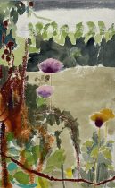 「百日草」蜜蠟クレヨン、水彩絵具、水彩紙　20.8×13.2cm　2023