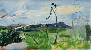 「狭山⇄スロベニア」蜜蝋クレヨン、水彩絵具、水彩紙　16.24×29cm　2024