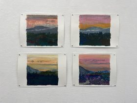 「MOVIAにて 2～5」蜜蠟クレヨン、クレヨン、水彩絵具、水彩紙　各23×23cm　2024