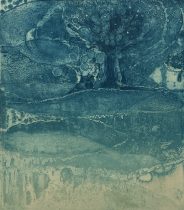 「A tree beside a pale blue lake」エッチング、アクアチント、ドライポイント、雁皮刷り　2022