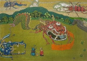 「ピカピカだったりゅう」日本画、木製パネル、雲肌麻紙、膠、水干絵具、岩絵具　480×680mm　2024