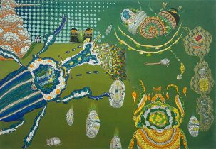 「くれるのは、いつも対症療法」日本画、木製パネル、雲肌麻紙、膠、水干絵具、岩絵具　500×720mm　2022