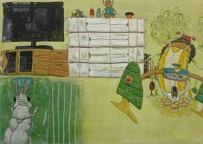 「かくれてするのを見る」日本画、木製パネル、雲肌麻紙、膠、水干絵具、岩絵具　250×350mm　2023