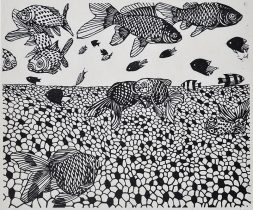 「こい」和紙、墨、木版　29×35cm　2023