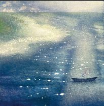 「光を辿る」和紙、油性版画インク、透明水彩絵の具　310×310mm　2024