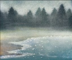 「対岸の夜-asleep-」和紙、油性版画インク、透明水彩絵の具　400×460mm　2024