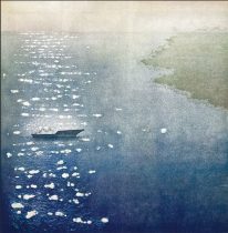 「対岸の夜-浮光-」和紙、油性版画インク、透明水彩絵の具　760×760mm　2023