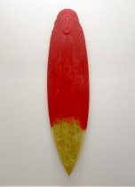 「朱陽・EOS」ウレタンフォーム、麻布、薄美濃紙、石粉粘土、岩絵具、他