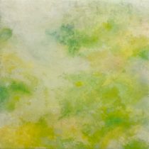 「みどりのむこうへ」顔料、アクリルメディウム、石膏地、寒冷紗、パネル　18×18×2cm　2025