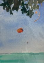 「バトゥフェリンギにて」水彩紙、蜜蝋クレヨン、水彩絵具、色鉛筆　217×148mm　2025